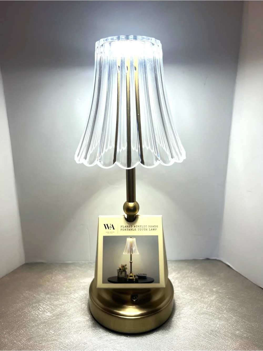 NEW W&A Home Decor Clear Acrylic Shade Rechargeable Touch Gold Table Lantern 12”
